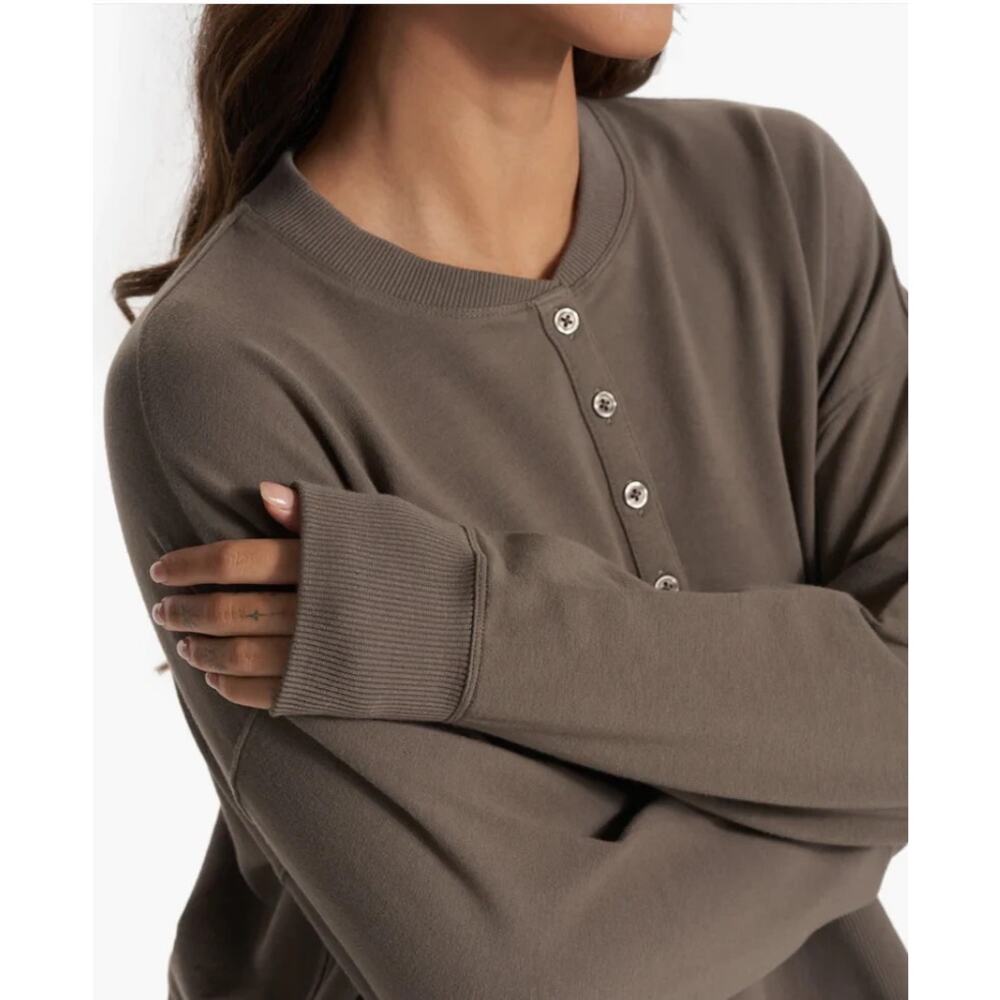 Vuori Laguna Henley in Cocoa Heather Long Sleeve Organic Cotton Sweater Women XS - Picture 2 of 16